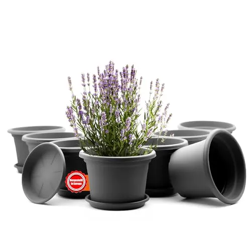 BigDean 8 Stück Blumentopf mit Untersetzer rund ø 25 cm Anthrazit - Garten-Zubehör, wetterfester Pflanzkübel aus robustem Kunststoff, ideal für Innen- und Außenbereich mit passendem Untersetzer für optimale Pflanzenpflege.