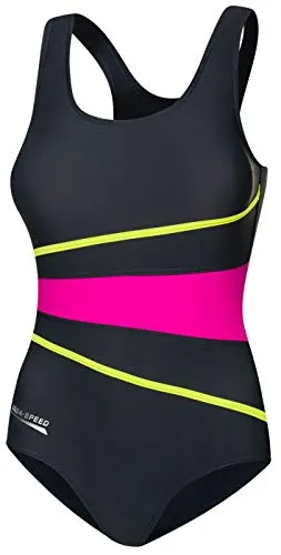 Aqua Speed® Stella Damen Badeanzug (36-44 Einteiler Fusselfrei Soft Cups Racerback UV-Schutz, Farbe:Gray/Pink;Größe:38