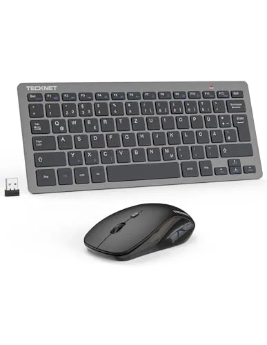 TECKNET Kabelloses Tastatur Maus Set, Deutsch QWERTZ Layout, 2.4 GHz Funk Mini Tastatur Mouse, 15m Reichweite Verbindung, Wireless Leise Funktastatur mit Maus für PC, Laptop, Smart TV, Grau