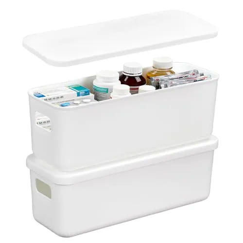 Zuxbolf 2 Stk Aufbewahrungsbox Weiß kleine Aufbewahrungskorb Kunststoff Organizer Box mit Griffen und Deckel 28×9.5×10.3cm Ordnungsboxen Kunststoffbox Aufbewahrung für Küche, Bad, Wohnzimmer, Büro