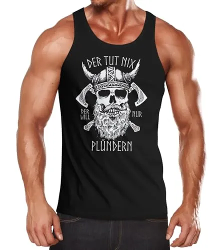 MoonWorks® Herren Tanktop Totenkopf Spruch Der TUT nix der Will nur plündern Print Aufdruck Bedruckt Muscle Shirt Schwarz 3XL