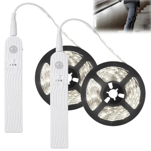 GAOUTO 2 Stück LED Band mit Bewegungsmelder, 2M LED Strip Batteriebetrieben LED Streifen, 6500K Kleiderschrank Licht Leiste für Schlafzimmer, USB Wiederaufladbar, LED Sensor Licht(weißes Licht)
