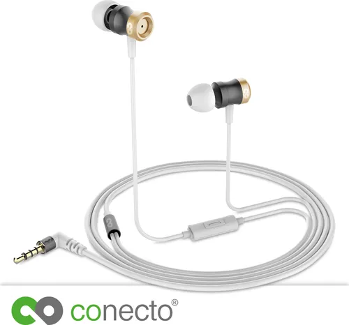 conecto In-Ear Kopfhörer / Earphones mit 3 Ohrpassstücken inkl. Mikrofon - 9.2mm Lautsprecher, dreifacher Kabel-Knickschutz, 1.2m Kabel (Aramid-verstärkt), Aluminium, 17.5g, gold / grau / weiß