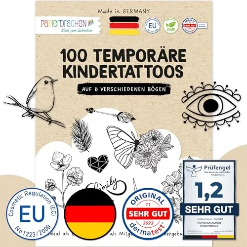 Papierdrachen 100 Tattoos zum Aufkleben - Hautfreundliche Tattoos Schwarz-weiß - stylische Designs - Für Junggesellenabschied, Mottoparty und Freizeit