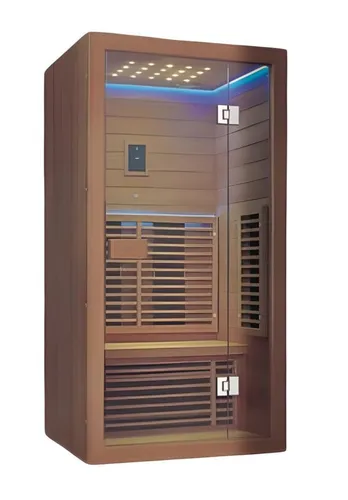 Saunaraum Lichtsauna 120x100 cm - Trockensauna für Zuhause - Infrarot-Wärmekabine mit USB-Anschluss und Bluetooth für entspannende Momente. Hergestellt aus robustem Massivholz, ideal für den Innen- und Außenbereich.