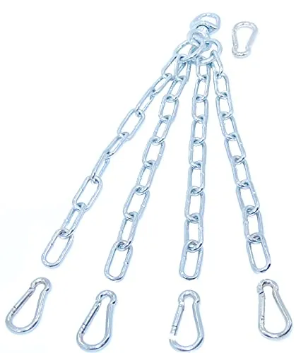 Kette für Boxsack/Sandsack. Die ideale Befestigung für den Sportraum Daheim, mit Drehwirbel, 4 mittleren und 1 großen Karabinerhaken zum schnellen Aufhängen an der Decke. Hochwertige Verarbeitung.