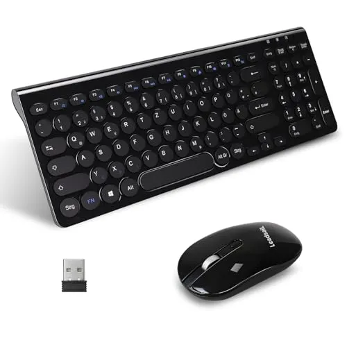 LeadsaiL Kabellose Tastatur und Maus Combo, Silent, 2,4 GHz USB-Empfänger, Funkmaus mit DPI-Taste, Für PC, Laptop, Deutsches QWERTZ-Layout, batteriebetrieben-Schwarz