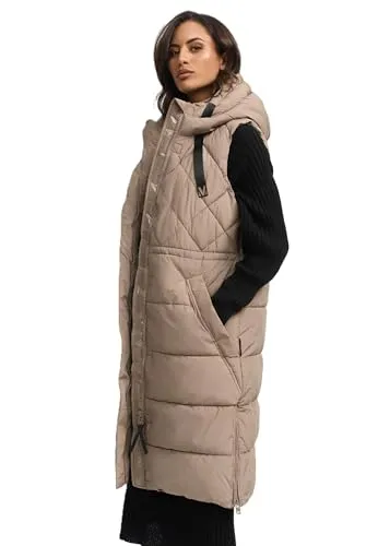 MARIKOO Damen Winterweste N018 - Stylische Steppweste mit Kapuze in Taupe-Grey - Modische Damen Winterweste mit verstellbarer Kapuze und praktischen Taschen. Ideal für kalte Tage, bietet sie Komfort und Stil. Der samtweiche Stoff sorgt für ein angenehmes Tragegefühl.