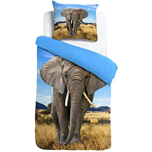 ESPiCO Bettwäsche Sleep and Dream Elefant Blau Wildnis Afrika Safari Wildtier Tiermotiv Renforcé, Größe:135 cm x 200 cm