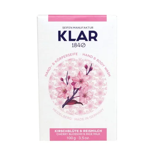 KLAR Kirschblüten- & Reismilchseife 100 g - Hochwertige Seife für Hände und Körper mit zartem Kirschblütenduft, hergestellt in Deutschlands ältester Seifenmanufaktur ohne künstliche Zusätze. Ideal für eine sanfte Pflege.