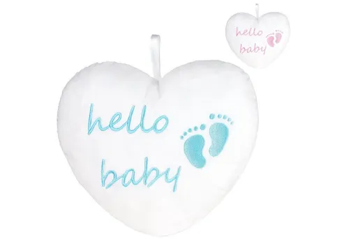 BRUBAKER Dekokissen Plüschherz Hello Baby 25 cm - Babyparty Geschenk zur Geburt, Zierkissen Herz aus Plüsch - Babyzimmer Deko - Kissen