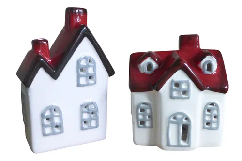 2er Windlicht Haus weiß rot | Häuschen Steingut Weihnachtshaus Winterdeko | 13cm