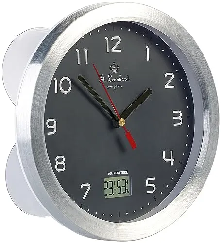 St. Leonhard Tischuhr: Badezimmer-Funk-Wanduhr, Thermo- und Hygrometer, Alu-Rahmen, Grau (Badezimmer Funkuhr, Funkuhr Bad, Spiegel)