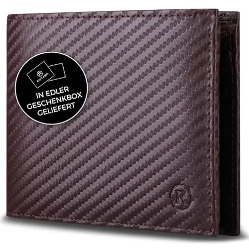 RUTAKO Leder Geldbörse Herren mit RFID Schutz - Portemonnaie Groß mit Münzfach - 12 Fächer - Geldbeutel für Männer - Brieftasche Wallet Portmonee Carbon-Braun