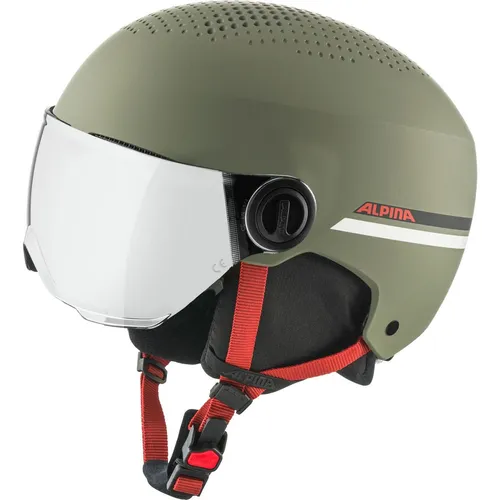 Alpina Kinder Zupo Visor Q-lite Skihelm, Olive-red matt, 51-55 - Skihelme für Kinder mit klarem Visier, optimalem Schutz und individueller Anpassung durch abnehmbare Ohrenpolster – ideal für Sicherheit und Komfort beim Skifahren.