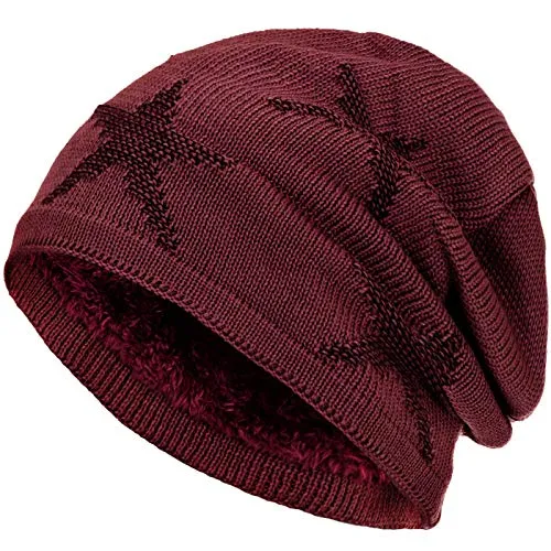 Compagno warm gefütterte Beanie Wintermütze Sternen Strickmuster mit weichem Fleece-Futter Mütze, Farbe:Dunkelrot Schwarz