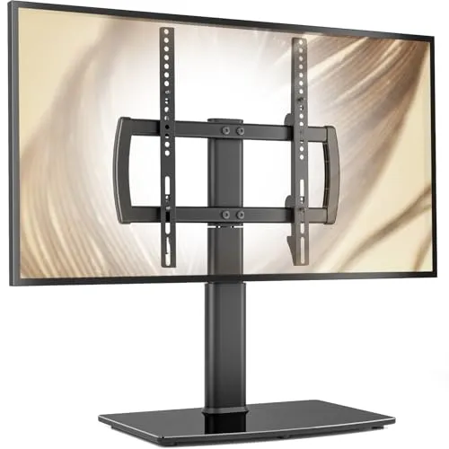 Universal schwenkbarer TV-Ständer für 27 bis 60 Zoll TVs - TV-Standfüße mit 80 Grad Schwenkfunktion und 4-fach höhenverstellbar, stabiler gehärteter Glassockel für TVs bis 45kg, ideal für flexibles und ergonomisches Fernsehen.