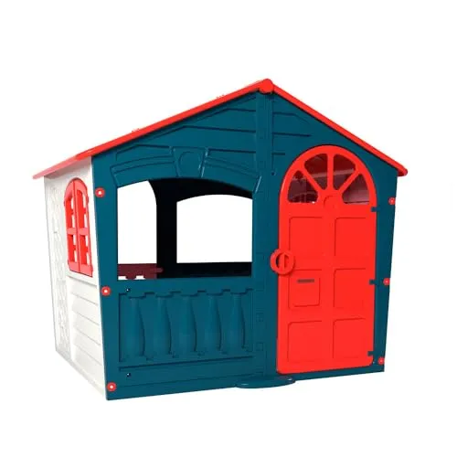 Sport1 Gartenhaus für Kinder House of Fun. Kunststoff-Kinderhaus für den Innenbereich, robust und wetterfest, 130x111x115cm Petrolblau und Rot