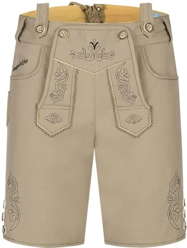 Steigenhöfer Manufaktur Kurze Trachten Softshell Hose mit Träger im Lederhosen Look - Lukas - Lederhose Herren Tracht - Wasser- und windabweisend mit Trägern für Oktoberfest - Beige - 54