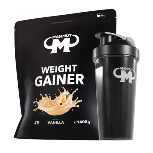 Mammut Weight Gainer Crash 5000 - Set (Vanille + Protein Shaker) 1,4 kg - Leckeres Weight Gainer Set für Hardgainer, ideal für Sportler. Mit hohem Kohlenhydratanteil und praktischen Dosierlöffel für einfache Zubereitung.