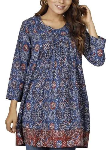 GURU SHOP Boho Maxitunika - Sommerliches Minikleid in Blau - Freizeitkleider für Damen, aus natürlicher Baumwolle, perfekt für heiße Tage und im angesagten Boho-Stil mit handgefertigtem Druck.