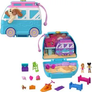 POLLY POCKET Urlaub am Hundestrand Schatulle - Roadtrip-Abenteuer mit 2 Puppen, 12 Accessoires und drehbarem Hündchen-Camper für grenzenlosen Geschichtenspaß
