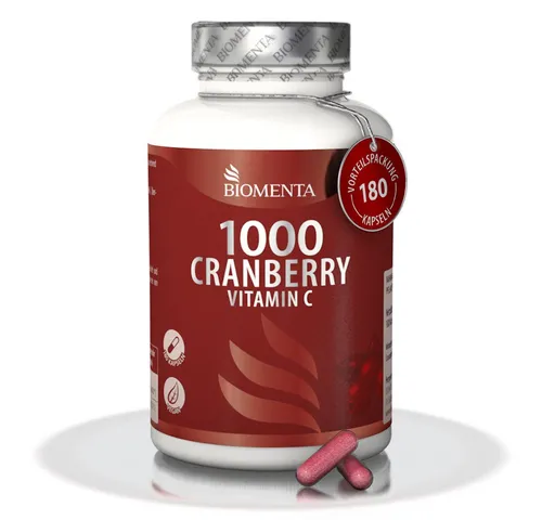BIOMENTA Cranberry 1000 + Vitamin C - 180 Kapseln - Nahrungsergänzungsmittel mit Cranberry und Vitamin C in praktischer Kapsel-Form. Ideal für die tägliche Unterstützung der Ernährung. Vegan und ohne Allergene.