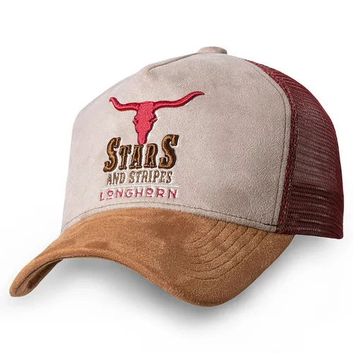 Stars & Stripes Longhorn Basecap Truckercap - Beige - Einheitsgröße - Stylische Trucker Cap mit 3D-Bestickung und strapazierfähigem Wildlederoptik-Korpus. Ideal für Outdoor-Aktivitäten und vielseitig kombinierbar. Größenverstellbar mit Snapback-Verschluss für perfekten Sitz.