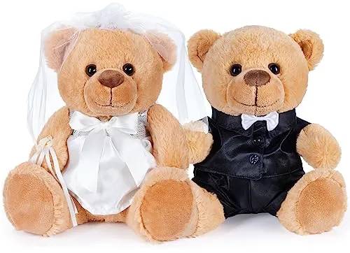 BRUBAKER Teddybär Hochzeitspaar - 25 cm Braut und Bräutigam Set - Hochzeitsgastgeschenke: Entzückendes Teddybär Set mit Bräutigam im Anzug und Braut im Hochzeitskleid, perfekt als romantisches Geschenk zur Hochzeit oder Verlobung.