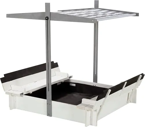 WONDERMAKE Sandkasten mit Abdeckung und Sitzbank, 120x120 cm - WONDERMAKE® Sandkasten aus robustem Tannenholz mit verstellbarem Dach und Sitzbänken. Ideal für kreative Spielstunden im Garten. Sicher und langlebig für unvergessliche Momente im Freien.