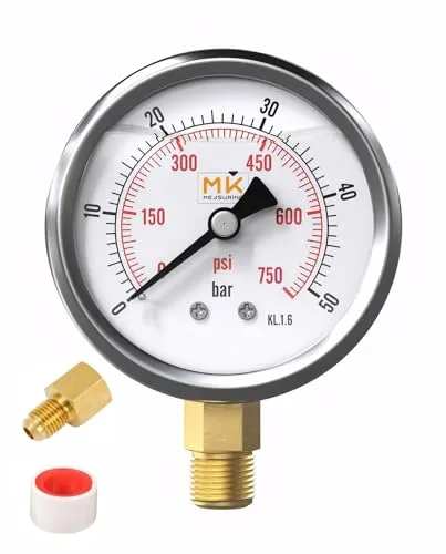 MK MEASURING – Glyzerin-Manometer 0–50 bar, Anschluss 1/4 NPT, Edelstahlgehäuse mit Teflon und Adapter 1/4 NPT auf 1/4 BSP, Kompressionstester, Luft-, Reifen-, Wasser-, Gas- und Benzindruck