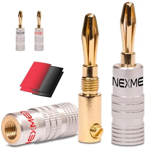 NEXMEX Bananenstecker mit Schrumpfschlauch - 4 Stück Stecker als Set - Steckverbinder 24K vergoldet für Lautsprecherkabel - für HiFi Receiver Verstärker