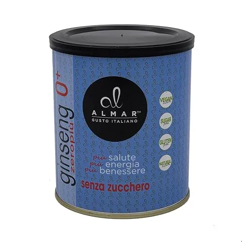 Produktbild Almar Löslicher Kaffee-Ginseng Zero+, natürliches Ginsengpulver, pflanzliche Inhaltsstoffe, löslich ohne Zucker, Milchprodukte, Farbstoffe, Zusätze, 100% hergestellt in Italien – 400-Gramm-Dose