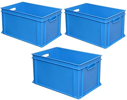 BRB 3x Eurobehälter mit 2 Durchfassgriffen, LxBxH 600x400x320 mm, 63 Liter, blau