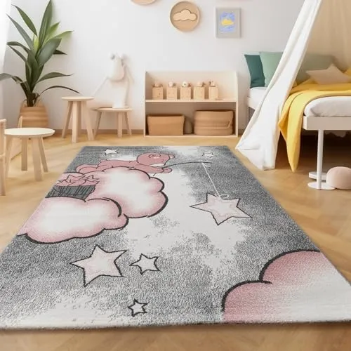 SIMPEX Teppich Kinderzimmer Bär-Himmel Wolken Sterne Design Kurzflor Kinderteppich mädchen Spielteppich Modern Design Babyzimmer Teppiche für Junge und Mädchen Extra Weich 80 x 150 cm