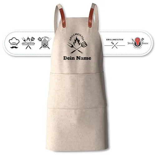 Grillschürze personalisiert mit Motiv & Wunschtext bestickt in beige von my STITCHERY