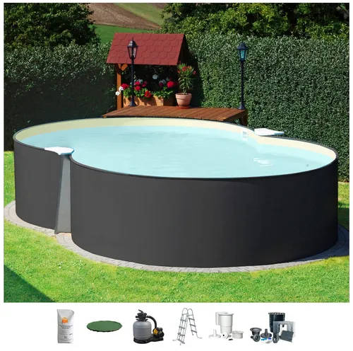 KONIFERA Achtformpool PALMA 1 - Komplett-Set, sandfarbene Innenfolie - Vielseitiger Achtformpool aus robustem Stahl, ideal für den Garten. Mit 6-teiligem Set inklusive Leiter und Sandfilteranlage für unbeschwertes Badevergnügen.