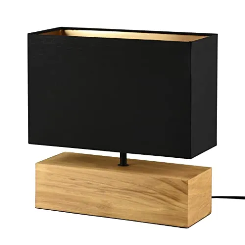 Reality Leuchten Tischleuchte Woody R50181080 - Tischlampe in Schwarz matt mit Holzfuß und elegantem Stoffschirm in Schwarz/Gold, perfekt für stimmungsvolle Beleuchtung in jedem Raum.