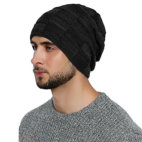 DonDon Mütze Herren Wintermütze Slouch Beanie Strickmütze mit warmen Fleece Innenfutter schwarz grau