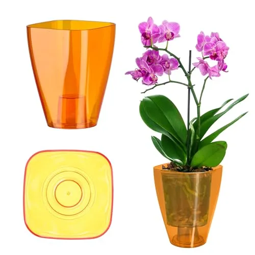 KADAX Blumentopf, schlanker Orchideentopf, Schlichter Pflanzkübel, Blumenkübel für Orchidee, Knabenkraut, Gänseblümchen, Übertopf für Küche und Wohnzimmer (⌀ 12cm, eckig, Orange)