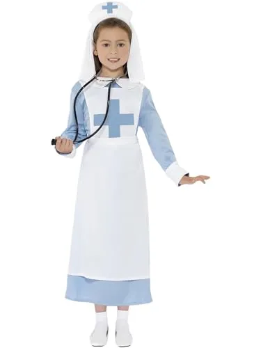 Smiffys Krankenschwesterkostüm (1. Weltkrieg) - Blau, Kleid mit vorgetäuschter Schürze und Haube, ideal für Karneval und Halloween, bequemes Tragegefühl für Kinder 7-9 Jahre