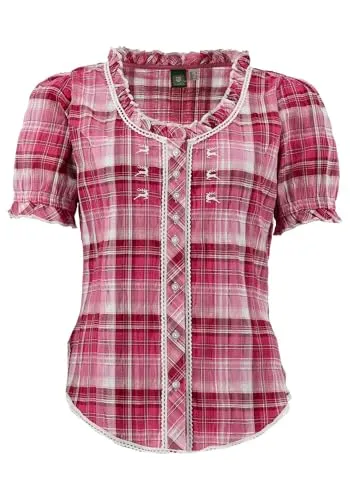 OS Trachten Damen Bluse Kurzarm - Trachtenbluse in Dunkelrot - Elegante Trachtenbluse mit Rundhalsausschnitt, tailliert und mit Hirsch-Stickereien - perfekt für festliche Anlässe und traditionelle Feiern.