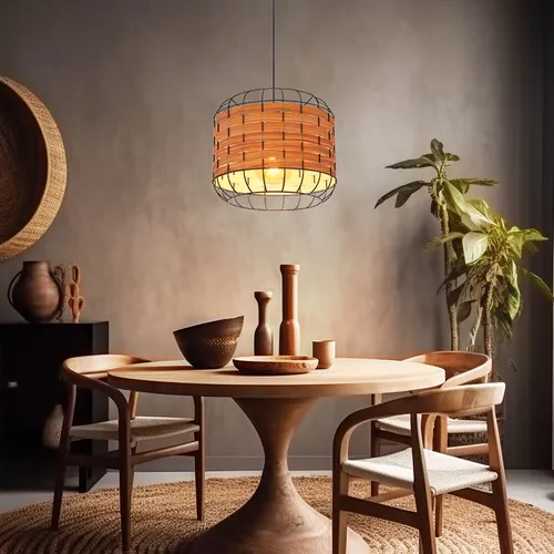 Pendellampe in Holzoptik - Esszimmerlampe mit Gitterschirm - Lampen - Stilvolle Pendelleuchte in Holzoptik mit schwarzem Gitterschirm, ideal für eine gemütliche Atmosphäre im Esszimmer. E27 Fassung für individuelle Leuchtmittelwahl.