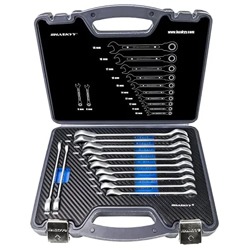 HASKYY Ratschenschlüssel Set 12-tlg. 8-19 mm - 12-teiliges Ratschenschlüssel Set für Ring- und Gabelschlüssel, aus hochwertigem Chrom-Vanadium-Stahl. Praktischer Koffer und 72-Zahn-Mechanik sorgen für hohe Effizienz und Flexibilität.