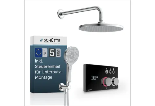 Schütte Brausegarnitur AQUADOT: Überkopfbrauseset mit digitalem Duschsystem - Brausegarnituren mit Antikalk-Noppen und Wassersparfunktion für ein luxuriöses Duscherlebnis. In elegantem grau-silberfarben.