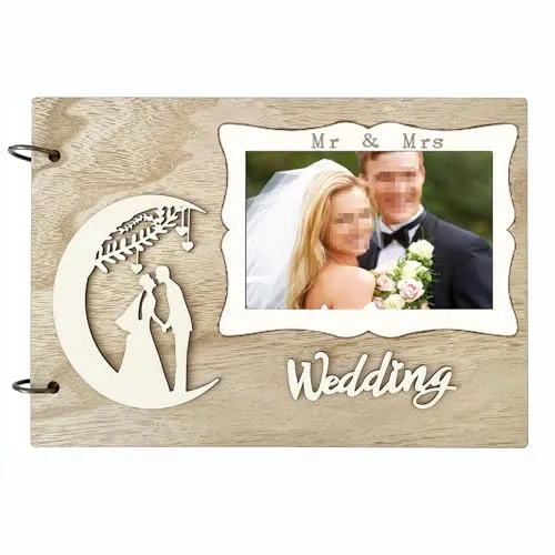 Hochzeitsgästebuch, Personalisiert Fotobuch 40 Seiten Mr&Mrs Holzcover Ringbuch-DIY Erinnerungen Einklebebuch mit Foto, für Brautpaar Taufe oder den Geburtstag Jahrestag (Gästebuch)