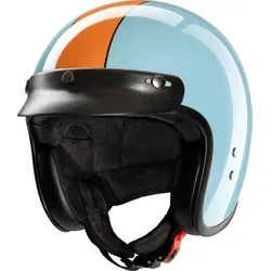 Redbike RB-801 Gasoline Jethelm - Hellblau/Orange - XXL - Motorradhelm mit Fiberglas Außenschale, Textilinnenfutter und Lederimitat-Rändern. Ideal für Sicherheit und Komfort, zertifiziert nach ECE 22.06.