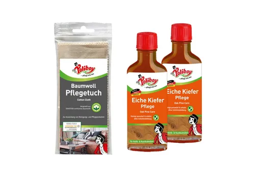 poliboy 99A3301, Eiche Kiefer Pflege - 2x100 ml - mit Baumwolltuch Holzreiniger (Spezialpflege für groß- und offenporige Hölzer - Made in Germany)