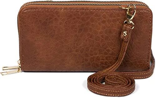 styleBREAKER Damen 2 in 1 Mini Bag Umhängetasche mit genarbter Oberfläche, Geldbörse, Handytasche, Schultertasche 02012364, Farbe:Mocca-Braun