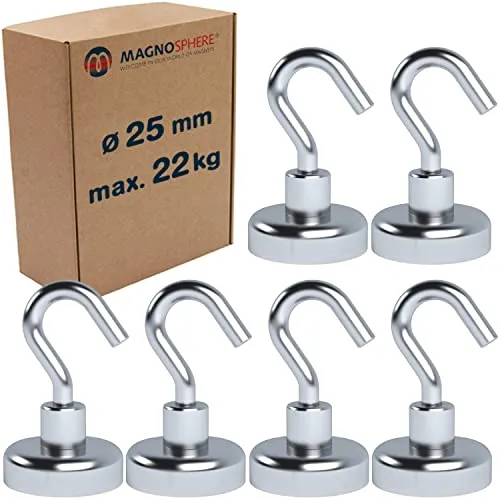 Magnosphere Magnethaken Extra Stark 22 kg Starke Neodym Magnet mit Haken Hakenmagnete Magnetische Haken Ø 25 mm für Küche Camping Grill Dekor Büro Lager Werkstatt Montage Kreuzfahrt - 6 Stück